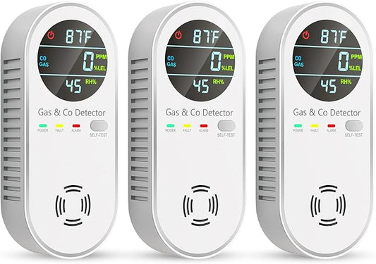 Carbon Monoxide Detectors & Natural Gas Detector, 4-in-1 Carbon Monoxide Detectors Plug in, Gas Leak Detector with Dual Alarms, Temperature & Humidity Sensor for Home, RV Essentials, White, 3 Packs
