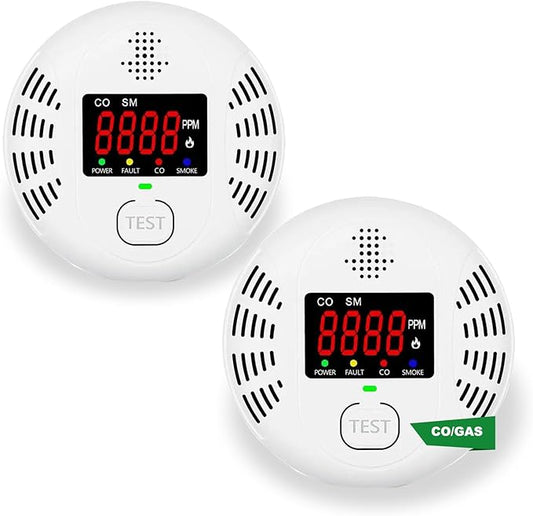 Carbon Monoxide and Smoke Detector Equipped with LCD Display, Battery Powered, Dual Sensor Alarm, 85dB Voice Alarm and Real-time CO Tracking, Suitable for Home/Kitchen/Bedroom/RV 2-Pack