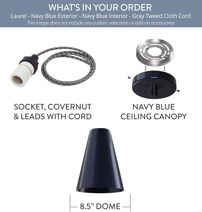 Steel Lighting Co. Laurel Pendant Light | Ceiling Mounted | 8.5 inch Cone Shade | Modern Contemporary Farmhouse Style Made in America | Gray Tweed Cloth Cord | Navy Blue Exterior/Navy Blue Interior
