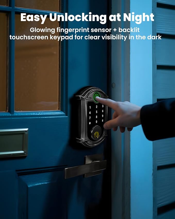 Keyless-Entry Deadbolt Smart Lock with Lever Handle Set: Digital Exterior Waterproof IP56 Locks for Front Door, Smartphone Control Fingerprint Door Lock with Keypad Key Fob(Satin Nickel)