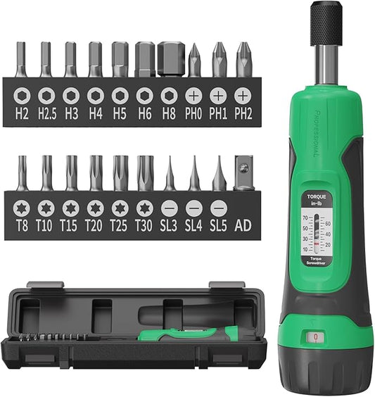 Torque Screwdriver, 1/4" Drive Screwdriver Torque Wrench 10-70 Inch Pounds, Torque Screwdriver Wrench Set, 20 Pcs Torque Wrench Bits Set for Bike,Tool,Maintenance