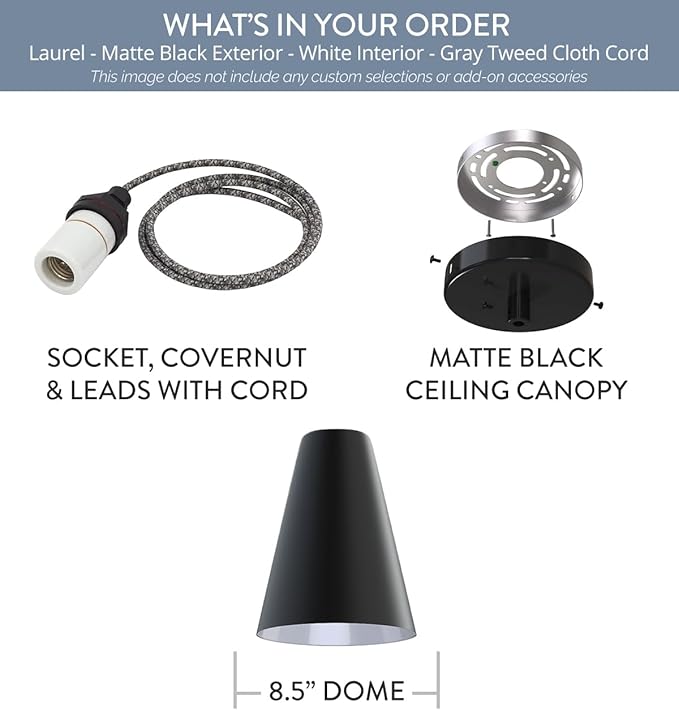 Steel Lighting Co. Laurel Pendant Light | Ceiling Mounted | 8.5 inch Cone Shade | Modern Contemporary Farmhouse Style Made in America | Gray Tweed Cloth Cord | Matte Black Exterior/White Interior