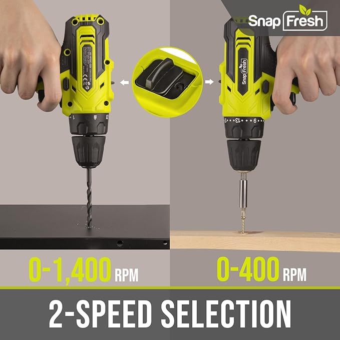 SnapFresh Cordless Drill, 20V Power Drill Set with 2 Variable Speed, 21+1 Torque Setting, Lightweight, LED, 43pcs Drill Bits, Impact Drill Set for Home, DIY (Battery & Charger Not Included)