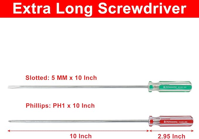 10 Inch Long #1 Phillips & 5mm Slotted Screwdriver 2-Piece Set, Magnetic Tip Flat Blade Cross-head Screwdrivers (Red, Green)