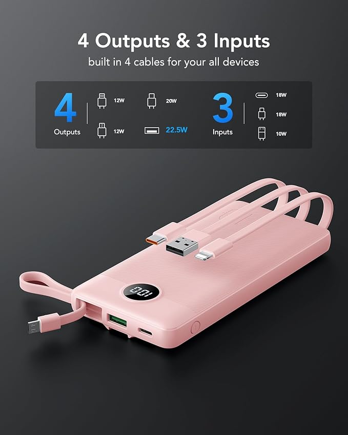 VRURC Portable Charger, 22.5W Power Bank 10000mAh, USB-C Cable in & Out Fast Charging Battery Pack, Compact Travel Essential 4 Outputs 3 Inputs for iPhone 16 15 14 13,Samsung, Android etc-Pink
