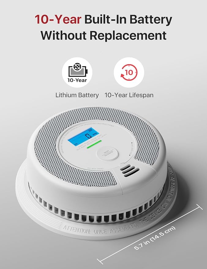 X-Sense 10-Year Battery Combination Smoke Carbon Monoxide Alarm Detector with Large LCD Display, Standalone Model, 5-Pack