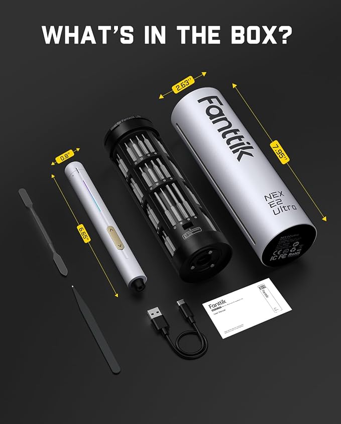 Fanttik E2 Ultra Mini Electric Screwdriver, Cordless Screwdriver, Max 0.6N.m, 50 Magnetic Bits, 5/32'' Hex, Magnetic Storage, Repair Tool for Electronics, Camera, Laptop, and PC Build (White)