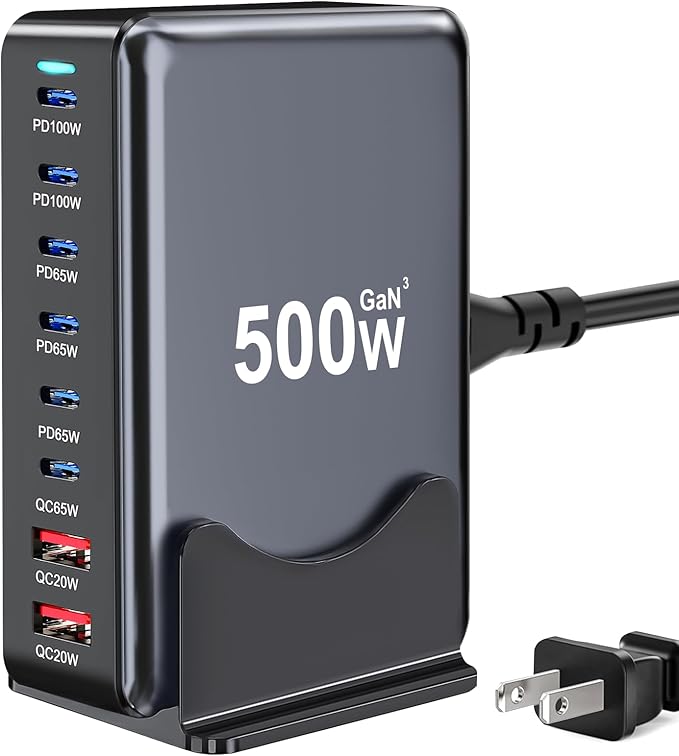 500W USB C Charger Block, 8-Port Fast USB Charging Station Dual PD 100W GaN Ⅲ Pro Charging Station For Multiple Devices, Laptop Charger Adapter Compatible with MacBook, DELL, iPad, iPhone, Samsung etc