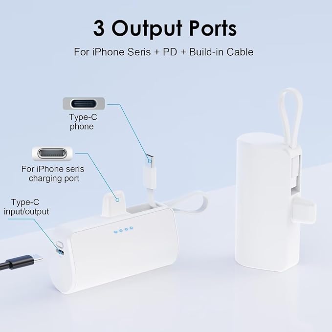 Mini Portable Charger for iPhone with Built-in Type-C Cable, 5200mAh Ultra-Compact Power Bank, PD 20W Fast Charging Battery Pack Phone Charger for iPhone 16/15/14/13, Samsung, Google, Android (White)