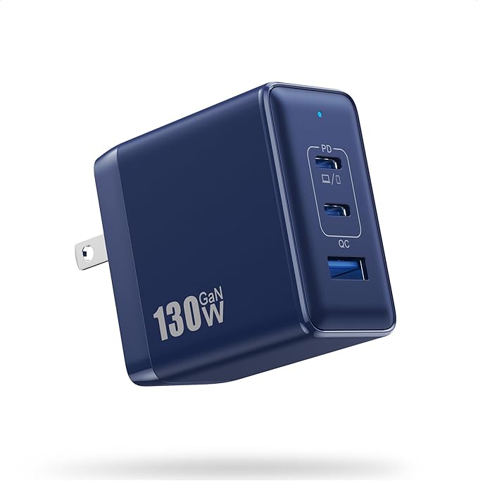 130W USB C Charger Block,3-Port GaN Fast Charger,Compact Foldable Type C Fast Charging Wall Charger,PD QC 65W USB C laptop Charger for MacBook Pro/Air,iPad Pro,iPhone16/15,Galaxy Series,Dell XPS(Blue)