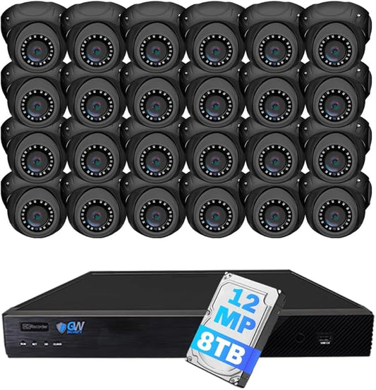 GW Security 32 Channel 12MP NVR 4K H.265+ AI Human & Vehicle Detection Surveillance Security Camera System with 24 UltraHD 4K 8MP IP PoE Microphone Dome Security Cameras (Grey)