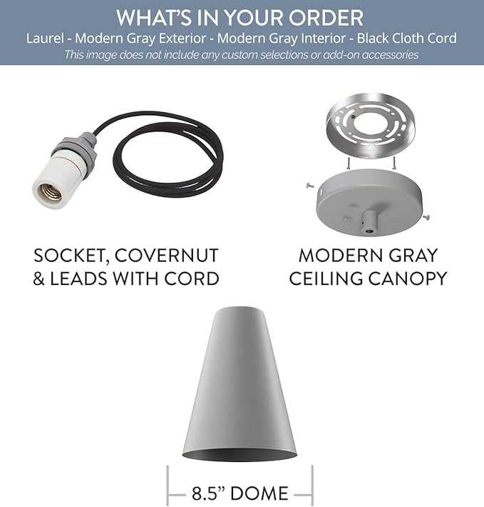 Steel Lighting Co. Laurel Pendant Light | Ceiling Mounted | 8.5 inch Cone Shade | Modern Contemporary Farmhouse Style Made in America | Black Cloth Cord | Modern Gray Exterior/Modern Gray Interior