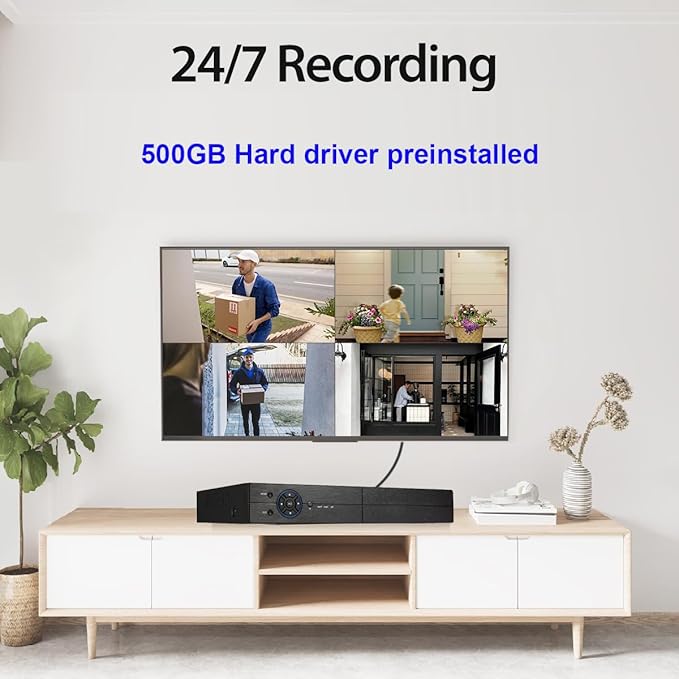 Eversecu 4 Channel Security Camera System 1080P DVR and 4pcs HD Weatherproof Cameras, Night Vision, Motion Alert, Smartphone, PC Easy Remote Access, 500GB HDD Preinstalled, Premade Cables Included