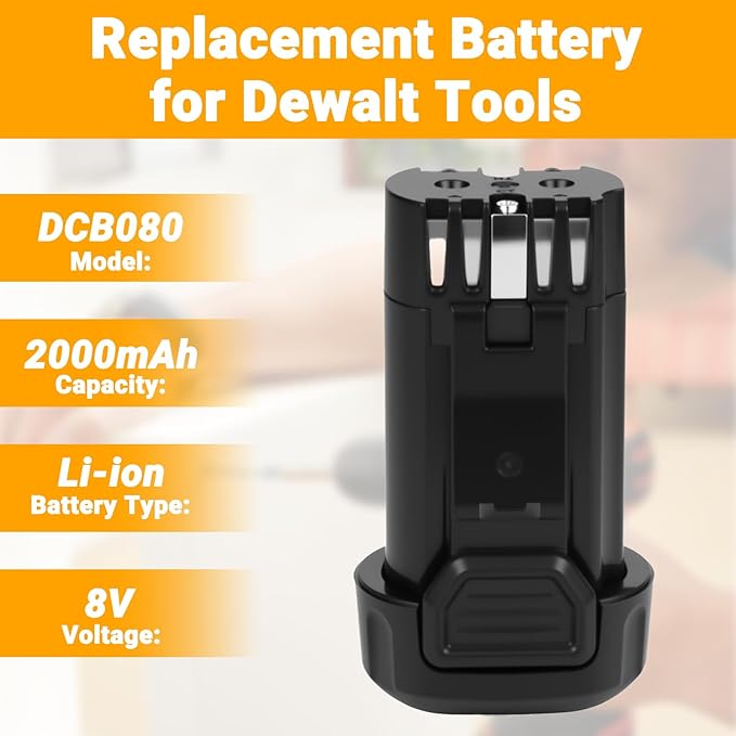 8V 2000mAh Li-ion Replacement Battery with Higher Safety & Longer Runtime - Compatible with Dewalt DCB080, DW4390, DCF680N1, DCF680N2 DCF680G2 Cordless Power Tools (2-Pack)