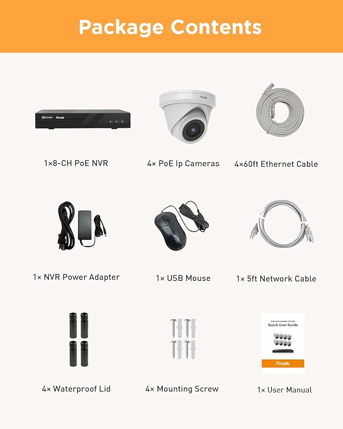 4 Camera Security System, 4X 5-Megapixel Wired IP Dome PoE Cameras Outdoor with AI Person Detection, Built-in Mic, Remote Access, 4K 8 Channel NVR 2TB HDD for 24-7 Recording, PD93A0408-5M