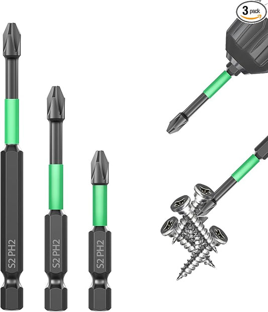HUHAO Magnetic Drill Bits, 3pcs Non Slip Screwdriver Bit Set with PH2 Alloy Steel Material, CNC Tip Magnetic Drill Bit, Fit for Professional Impact Driver Accessories Tool