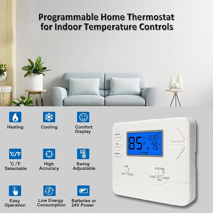 Programmable Thermostat for Home,Conventional Single-Stage Systems,5-1-1 Day Programmable Digital Energy-Saving Thermostat,up to 1 Heat/1 Cool Compatible with Gas System,Blue Backlight