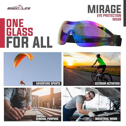 BISON LIFE Mirage Vented Safety Goggles with Adjustable Elastic Band & Protective Pouch, UV Protection Eye Goggles for Outdoor Activities, Blue Mirror, Dustproof Glasses for Men & Women (1 Pack)