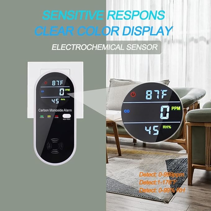 Carbon Monoxide Detectors, Carbon Monoxide Detector Plug in with Temperature Humidity Sensor Built-in, CO Level Monitor Alarm with Clear LCD Display Sound & Light Warning for Home/Hotel/RV
