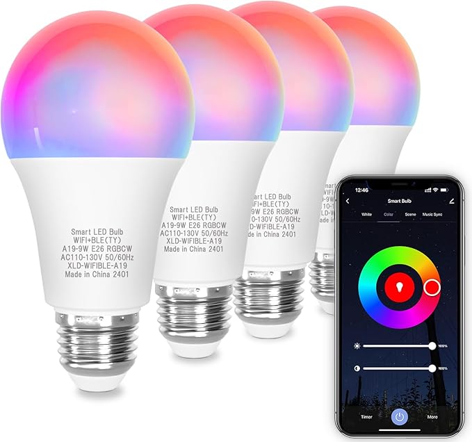 ORALUCE Smart Light Bulb Compatible with Alexa & Google Home, A19 E26 LED Light Bulb 60W Equivalent, 2.4GHz WiFi & Bluetooth Color Changing APP Dimmable, Multicolor LED Bulb 900 Lumens,4P