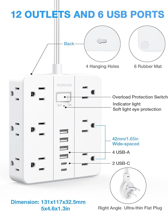 Extension Cord 25 Ft, HUNIAN Flat Plug Power Strip Surge Protector, 12 Widely Spaced Outlets with 6 USB Charger (2 USB C Ports), Desk Charging Station for Home Office Supplies, Dorm Room, White