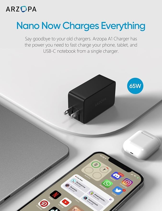 65W USB C Charger Block, ARZOPA GaN Fast Charger USB C Wall Charger PPS 3-Port Foldable Plug for MacBook Pro/Air, iPad Pro, iPhone 15/Pro, Galaxy S24 Ultra, Dell XPS 13, Pixel, Monitor