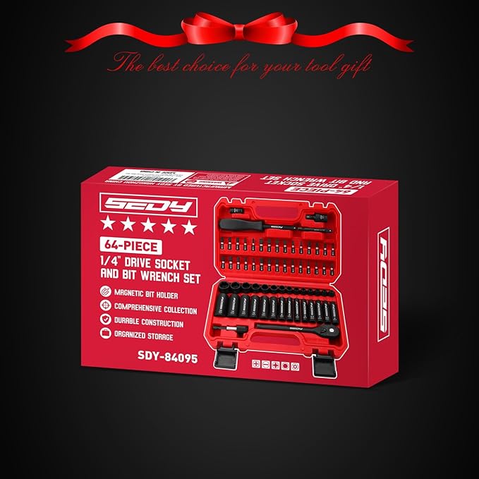 64-Piece 1/4" Drive Impact Socket Wrench Driver-Bits Set, Cr-V Metric&SAE Deep and Shallow Socket Set, S2 Power Bits with Quick-Release Ratchet Handle, Universal Joint, Bit Holder, Power Drill Adapter