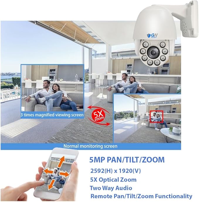 GW Security 8 Channel 4K NVR 5MP PoE Smart AI Security Camera System with 4 x 5MP Bullet Cameras and 1 x 5MP 5X Motorized Zoom Two-Way Audio PTZ Camera, Outdoor Indoor Video & Audio Surveillance