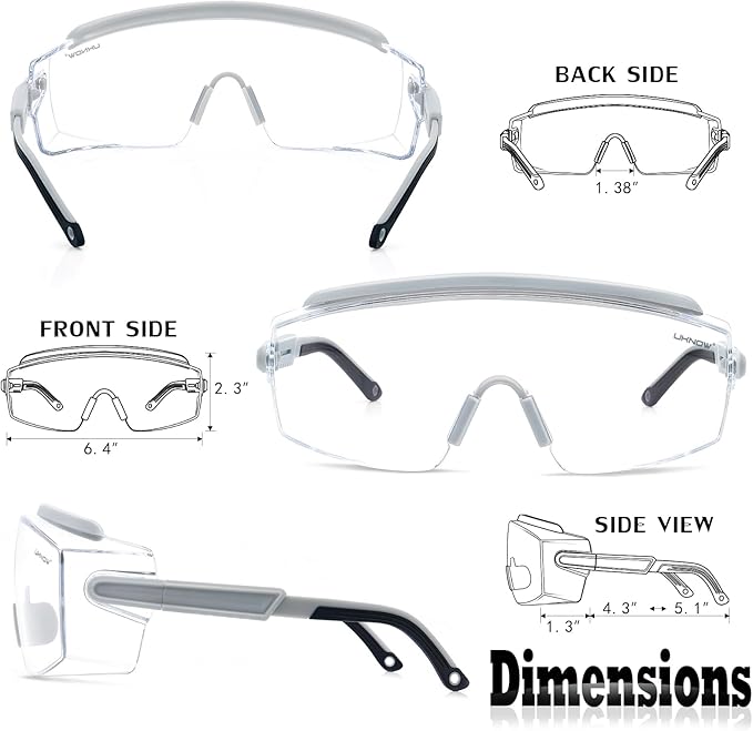 UKNOW Safety Goggles Over Glasses, Safety Glasses Anti Fog Wraparound Eye Protection, Protective Eyewear ANSI Z87.1