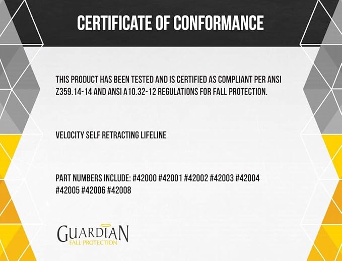 Guardian 42000 Velocity Class 1 Cable Self-Retracting Lifeline (SRL) with Carabiner | 16 ft | Class 1 | ANSI and OSHA Compliant