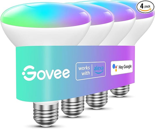 Govee Smart Light Bulbs, 1200 Lumens Dimmable BR30 Bulbs, RGBWW Color Changing Light Bulbs, WiFi & Bluetooth LED Bulbs, 16 Million Colors, Music Sync, Compatible with Alexa, Google Assistant, 4 Pack