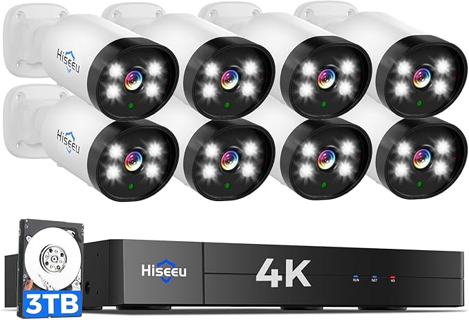 Hiseeu 4K Wired Security Camera System with Audio,Smart Color Night Vision,3TB Hard Drive,AI Human/Vehicle Detection,8PCS 8MP IP67 Weatherproof Home CCTV Cameras,Indoor/Outdoor Surveillance DVR Kit
