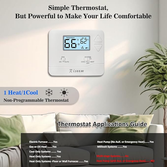 NonProgrammable Thermostat for Home, Single-Stage Systems,Digital Energy-Saving Thermostat,1 Heat/1 Cool, Easy DIY Install,White Backlight