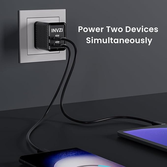 INVZI GaNHub 45W USB C GaN Charger, 2 Ports Foldable PPS Fast Charger Supports Super Fast Charging for Samsung Galaxy S24 Ultra/S23, iPhone 16/15, iPad Pro, Pixel