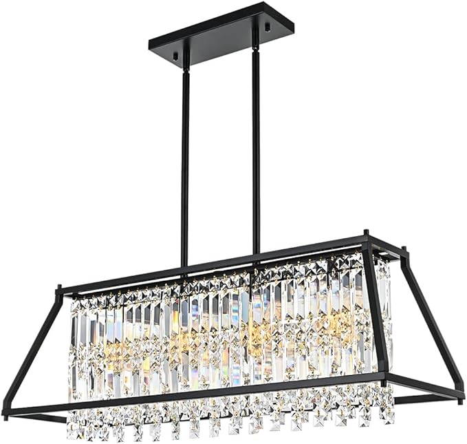 Crystal Chandelier Light for Dining Room, 4-Light Trapezoidal Industrial K9 Crystal Pendant Lights with Black Metal Frame Pendant Lamp for Kitchen Island Living Room Entryway (Black)