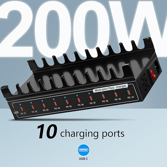 Lcoco&Dream 200W Fast Charging Station, 10 Port USB C Desktop Charger (10USB C PD3.0) - 45W Max for Laptop, MacBook, Phone, Tablet - Compact Multi Port Travel Charging Station