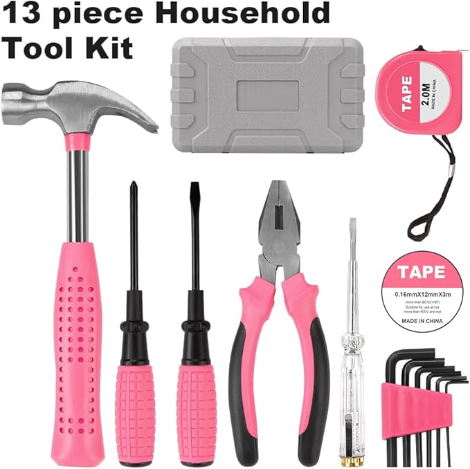 13 Piece Pink Tool Set, Mini Tool Box for Women. Home Tool Kit with Plastic Storage Toolbox for All Purpose Office, Garage, Apartment and College Dorm