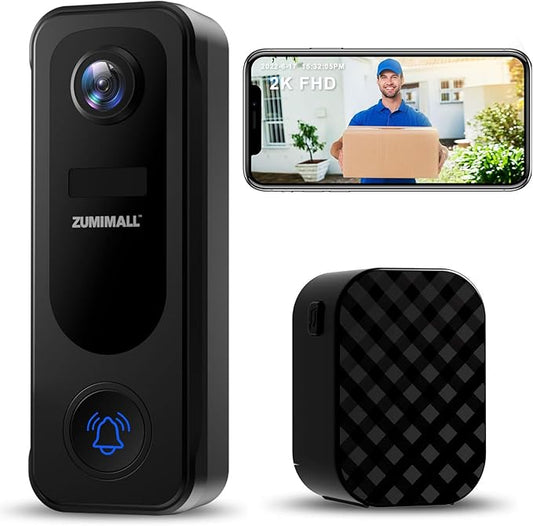 ZUMIMALL Doorbell Camera Wireless - 2K Video Doorbell with Chime, 2 Way Audio, Voice Changer, 30s Voice Message, Anti-Theft, AI Detection, Cloud Storage, 2.4GHz WiFi, Battery Powered, Work with Alexa