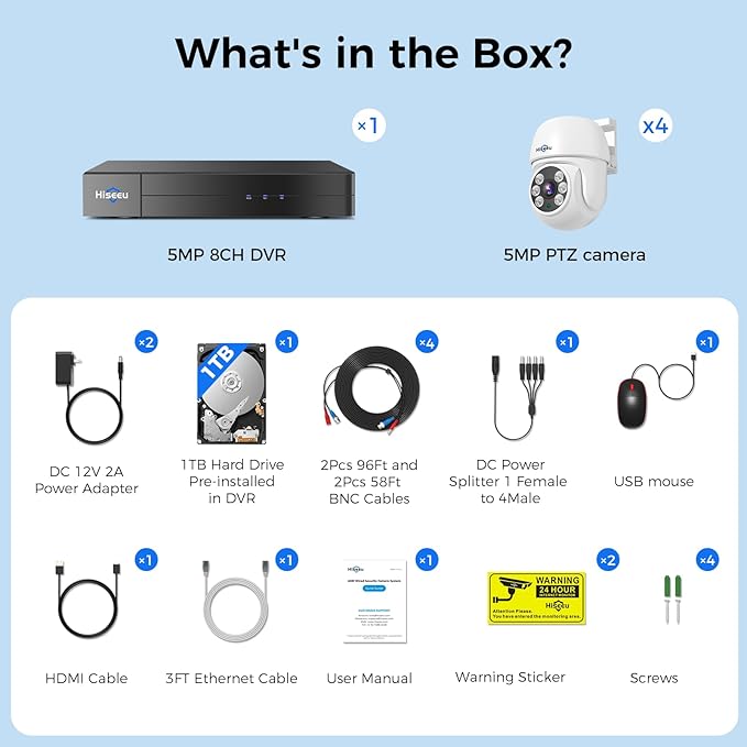 Hiseeu 360°View PTZ 3K Wired Security Camera System with Alarm Spotlight,Audio Person/Vehicle Detection 8ch 5MP DVR 4PCS Cameras 1TB HDD Home CCTV Camera System Outdoor,Night Vision,24/7 Record