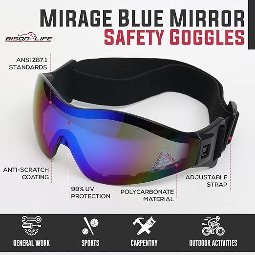 BISON LIFE Mirage Vented Safety Goggles with Adjustable Elastic Band & Protective Pouch, UV Protection Eye Goggles for Outdoor Activities, Blue Mirror, Dustproof Glasses for Men & Women (1 Pack)