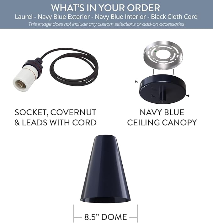 Steel Lighting Co. Laurel Pendant Light | Ceiling Mounted | 8.5 inch Cone Shade | Modern Contemporary Farmhouse Style Made in America | Black Cloth Cord | Navy Blue Exterior/Navy Blue Interior