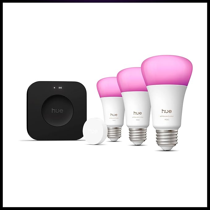 Philips Hue Starter Kit: Bridge Pro + 3 A19 E26 Smart Bulbs + Button, White & Color Ambiance, Smart Light Hub, Works with Apple Home, Alexa, Google, Samsung SmartThings