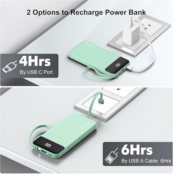 Portable Charger 10000mAh Power Bank with Built-in Cable, 5 Output 2 Input Travel Essential External Battery Pack with LED Display Compatible with iPhone 16/15 Samsung S22 Android,etc