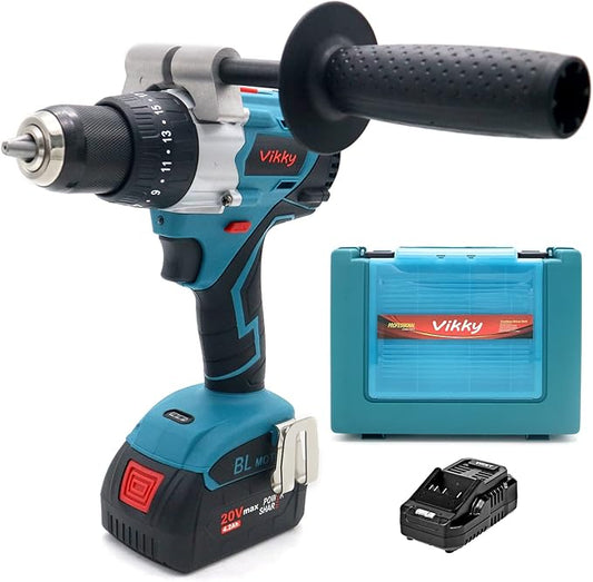 Vikky 20V cordless hammer/drill/drive offers 3 speed variations, powered by brushless motor and drill bit held in place by a heavy duty 1/2" ratchet chuck