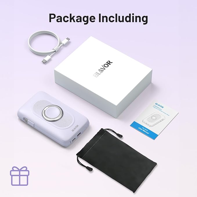 BLAVOR for Magsafe Portable Charger with Built-in Cables, PD 20W Fast Charging,10000mAh Magnetic Wireless Power Bank, Battery Pack with Stand for iPhone 15/14/13/12,Powerbank for Apple Watch(Purple)