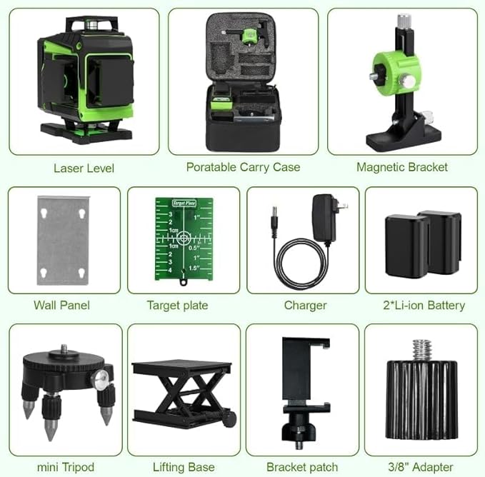 Laser Level 360 Self Leveling,4x360° 16 Lines 4D Green Cross Line Laser with 2 Batteries, Adjustable Brightness & Remote Control for Construction, Tiling, and Picture Hanging