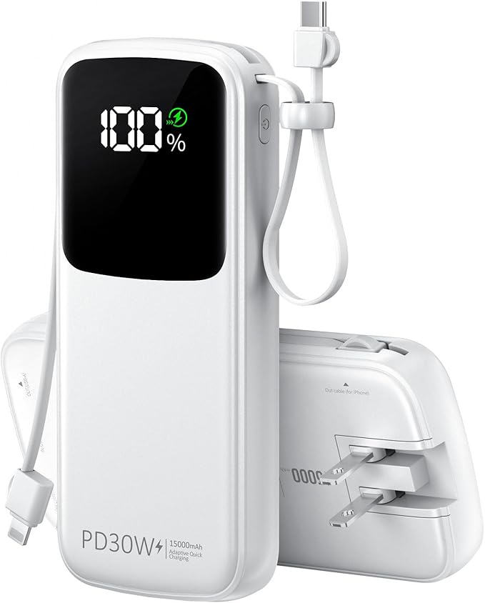 UYAYOHU Portable Charger, Power Bank, 15000mAh Battery Pack Fast Charging Lightweight, Built-in AC Wall Plug and 2 Output Cables with LED Display for iPhone15 14 13 12 11 Samsung iPad etc(White)