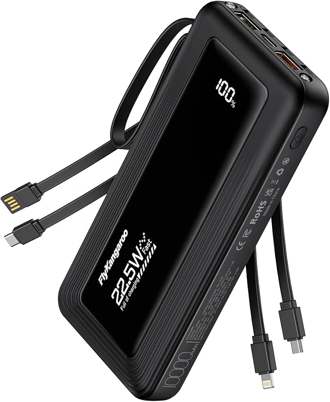 Portable Charger with Built in Cables, Slim 10000mAh Fast Charging 22.5W Power Bank USB C LED Display Battery Pack 6 Outputs & 2 Inputs for iPhone Samsung Pixel LG Moto iPad