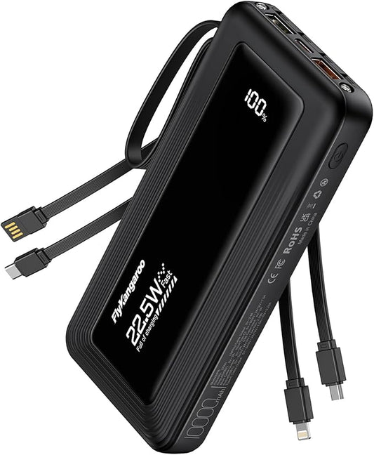 Portable Charger with Built in Cables, Slim 10000mAh Fast Charging 22.5W Power Bank USB C LED Display Battery Pack 6 Outputs & 2 Inputs for iPhone Samsung Pixel LG Moto iPad