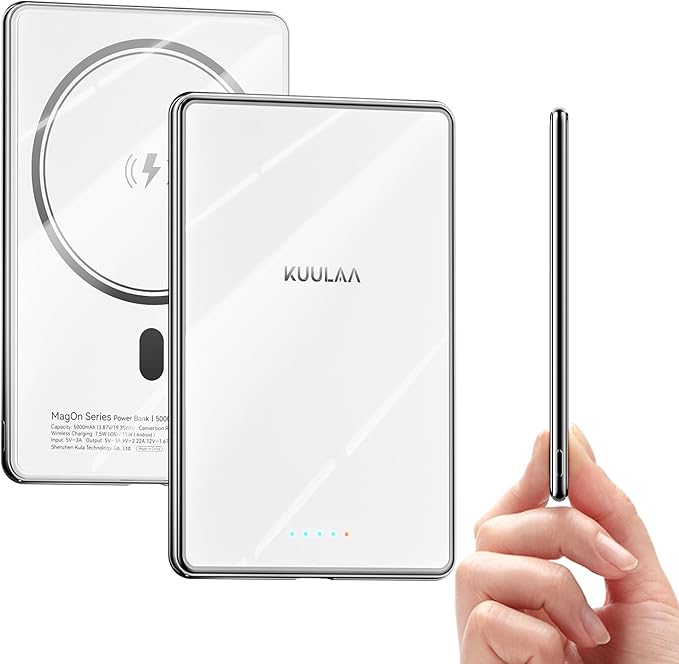 Kuulaa Magsafe Battery Pack 0.27'' 5000mAh Ultra Slim Magnetic Portable Charger Power Bank Support USB C PD 20W Fast Charging, Compatible with iPhone 16 Pro Max/15/14/13/12 Mini, White